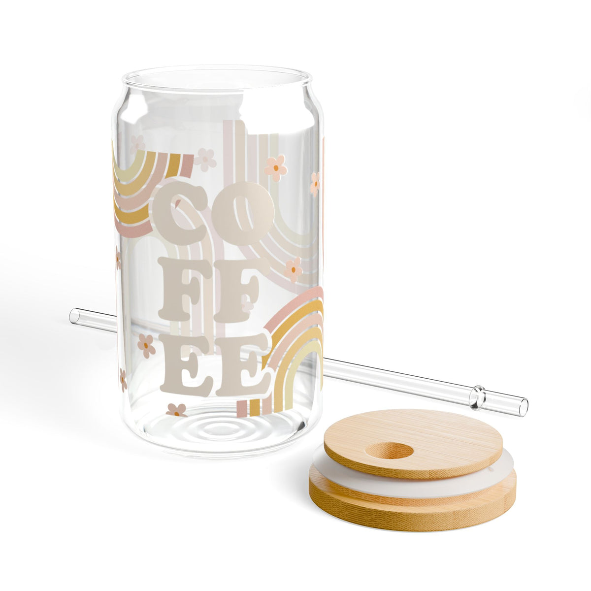 Coffee Retro Rainbow Tumbler Sipper Glass 16oz — Reusable Drink Jar with Lid & Straw - Sydney So Sweet