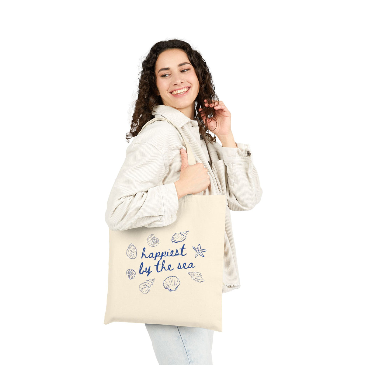 Happiest by the Sea Cotton Canvas Beach Tote Bag