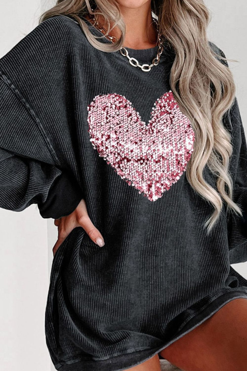 Valentine’s Day Sequin Heart Round Neck Long Sleeve Sweatshirt - Sydney So Sweet