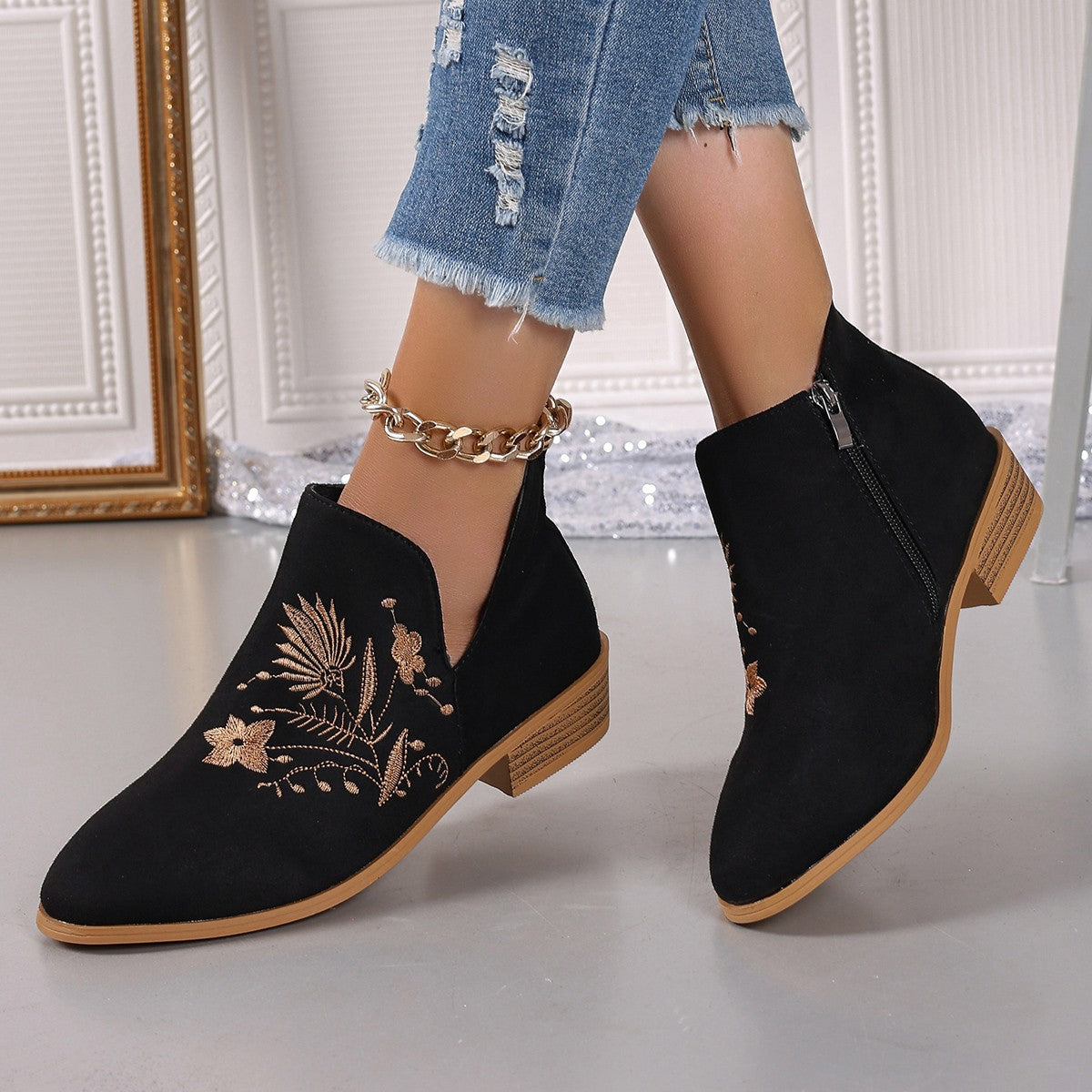 Embroidered Suede Point Toe Block Heel Boots - Sydney So Sweet