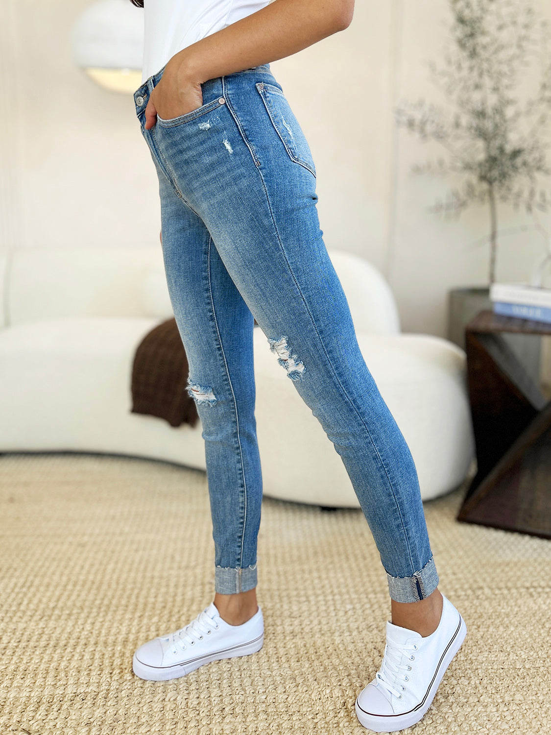 Judy Blue Full Size Mid Rise Destroy & Cuff Skinny Jeans - Sydney So Sweet