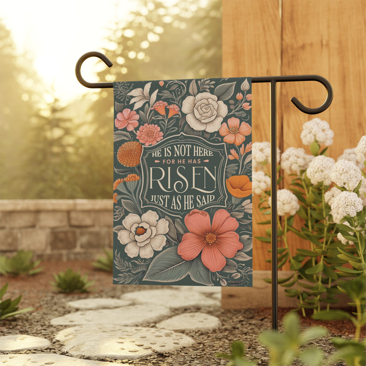 He Is Not Here For He Has Risen Green Easter Floral Garden Flag