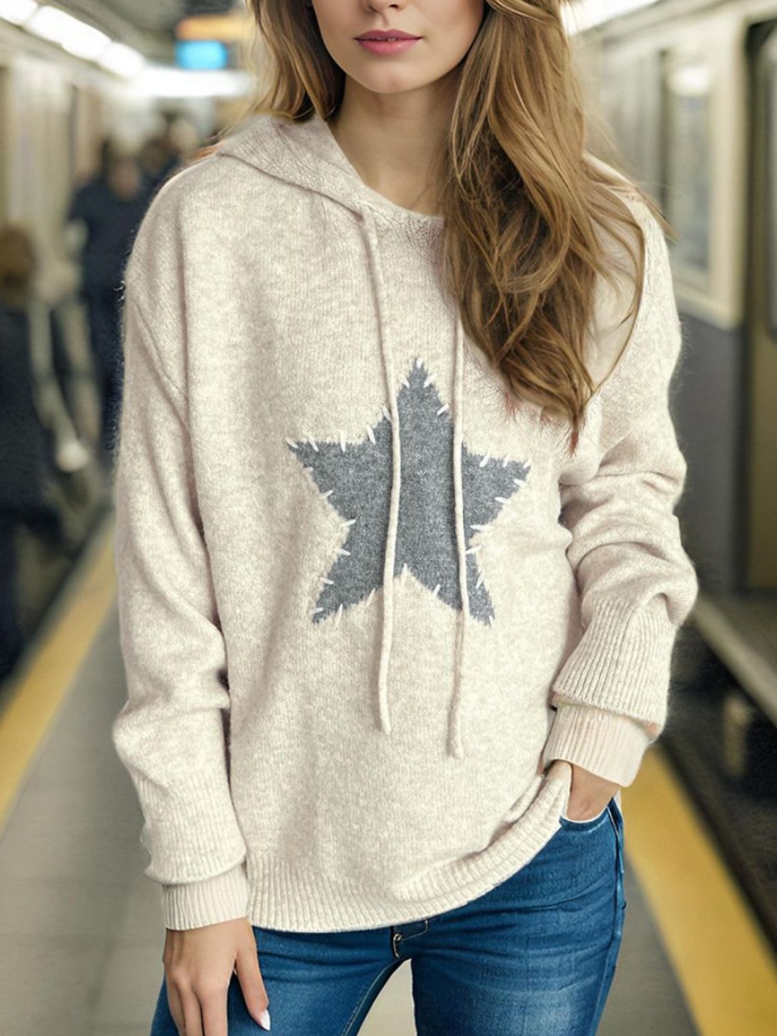 Drawstring Star Long Sleeve Hooded Sweater - Sydney So Sweet