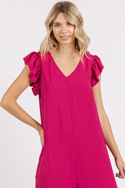 Mittoshop V-Neck Ruffled Cap Sleeve Wide Leg Jumpsuit - Sydney So Sweet