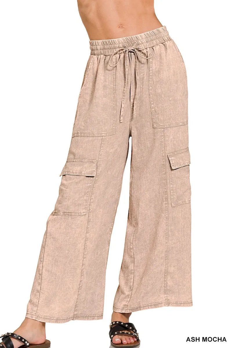 Zenana Washed Linen Elastic Band Waist Cargo Pants - Sydney So Sweet