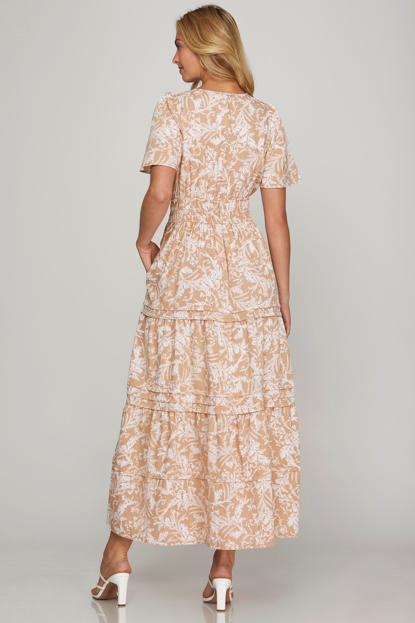 She + Sky Printed Notched Woven Tiered Pintuck Maxi Dress with Side Pockets - Sydney So Sweet