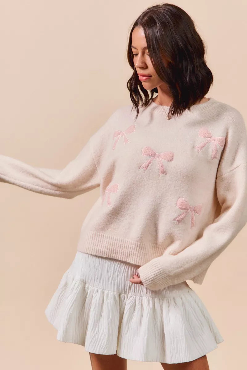 SO ME Embroidered Ribbon Round Neck Sweater - Sydney So Sweet