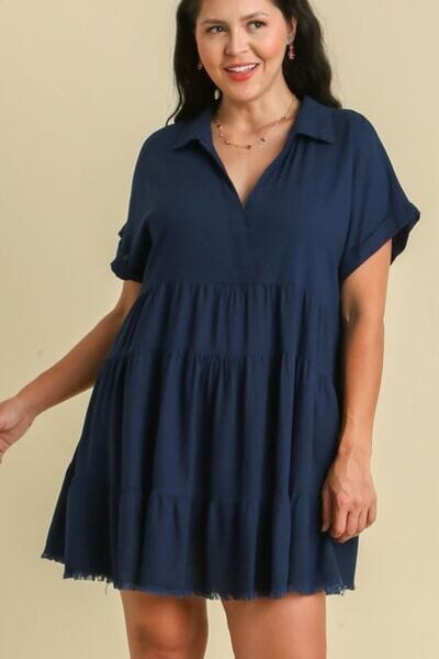 Umgee Full Size Raw Hem Folded Sleeve Tiered Dress Plus Size - Sydney So Sweet