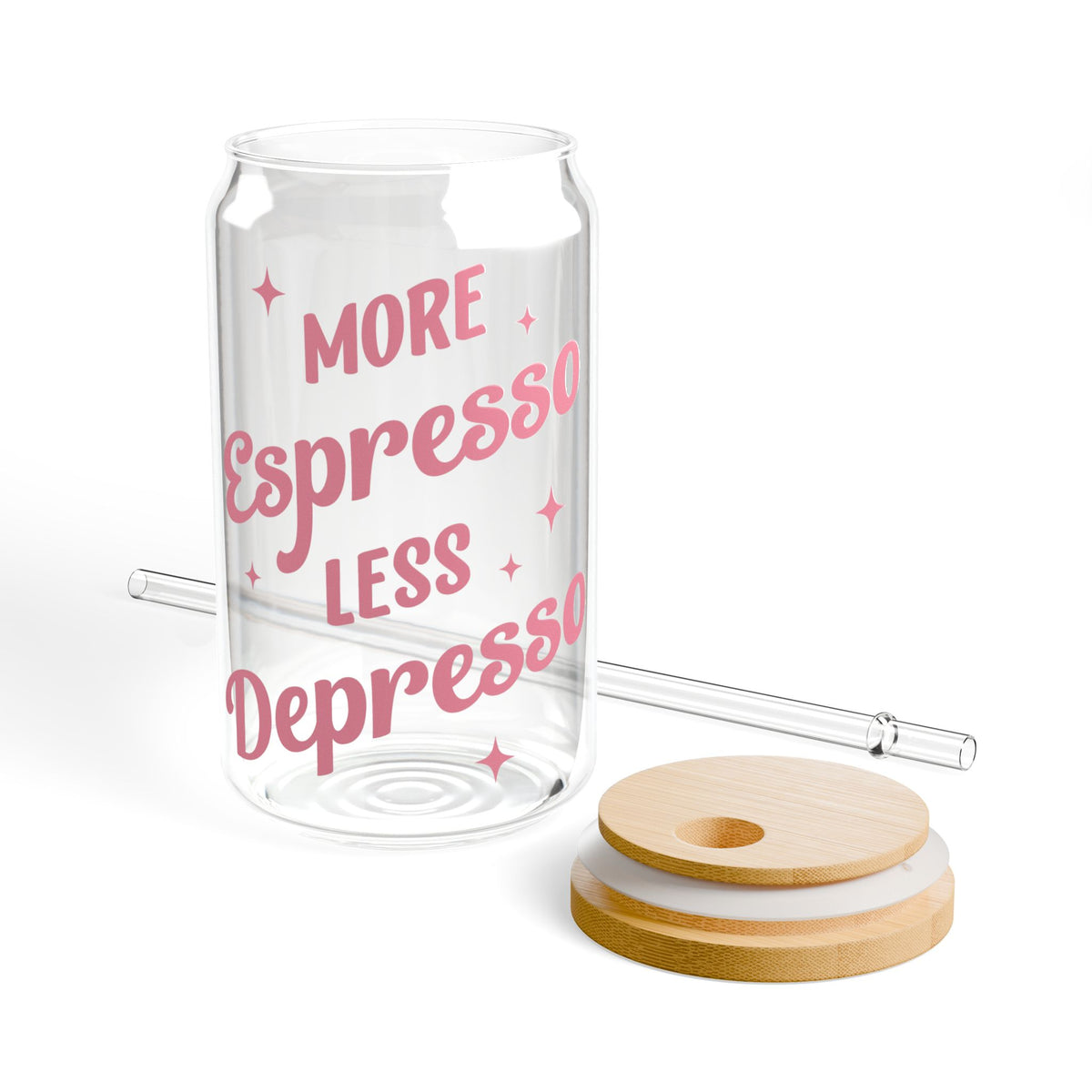More Espresso Less Depresso Tumbler Sipper Glass 16oz — Reusable Drink Jar with Lid & Straw