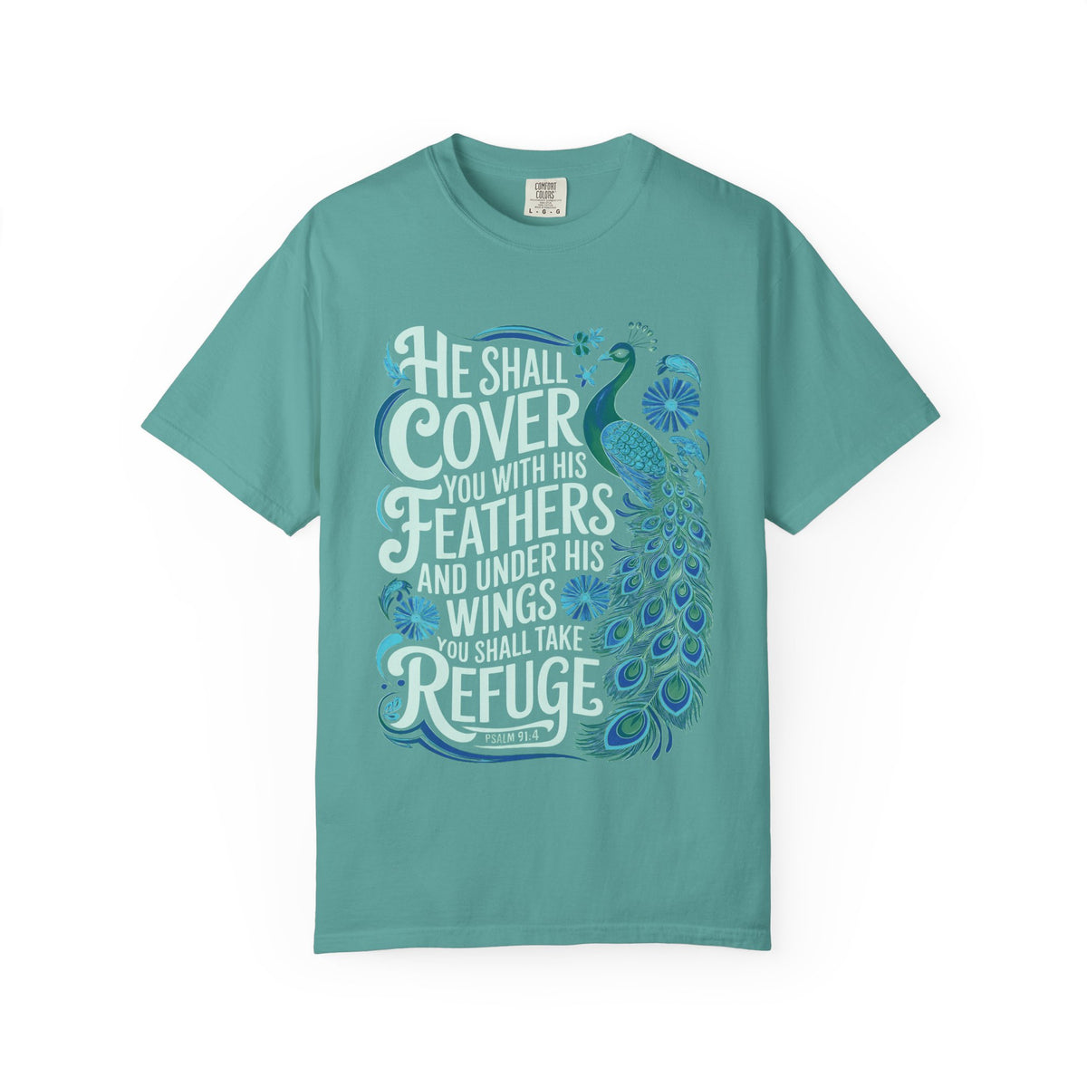 He Shall Cover Feathers T-Shirt Christian Scripture Peacock Refuge Tee