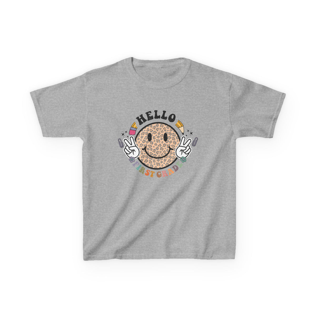 First Grade Cheetah Smiley Face Graphic Tee Back-to-School 1st Grade Kids T-Shirt