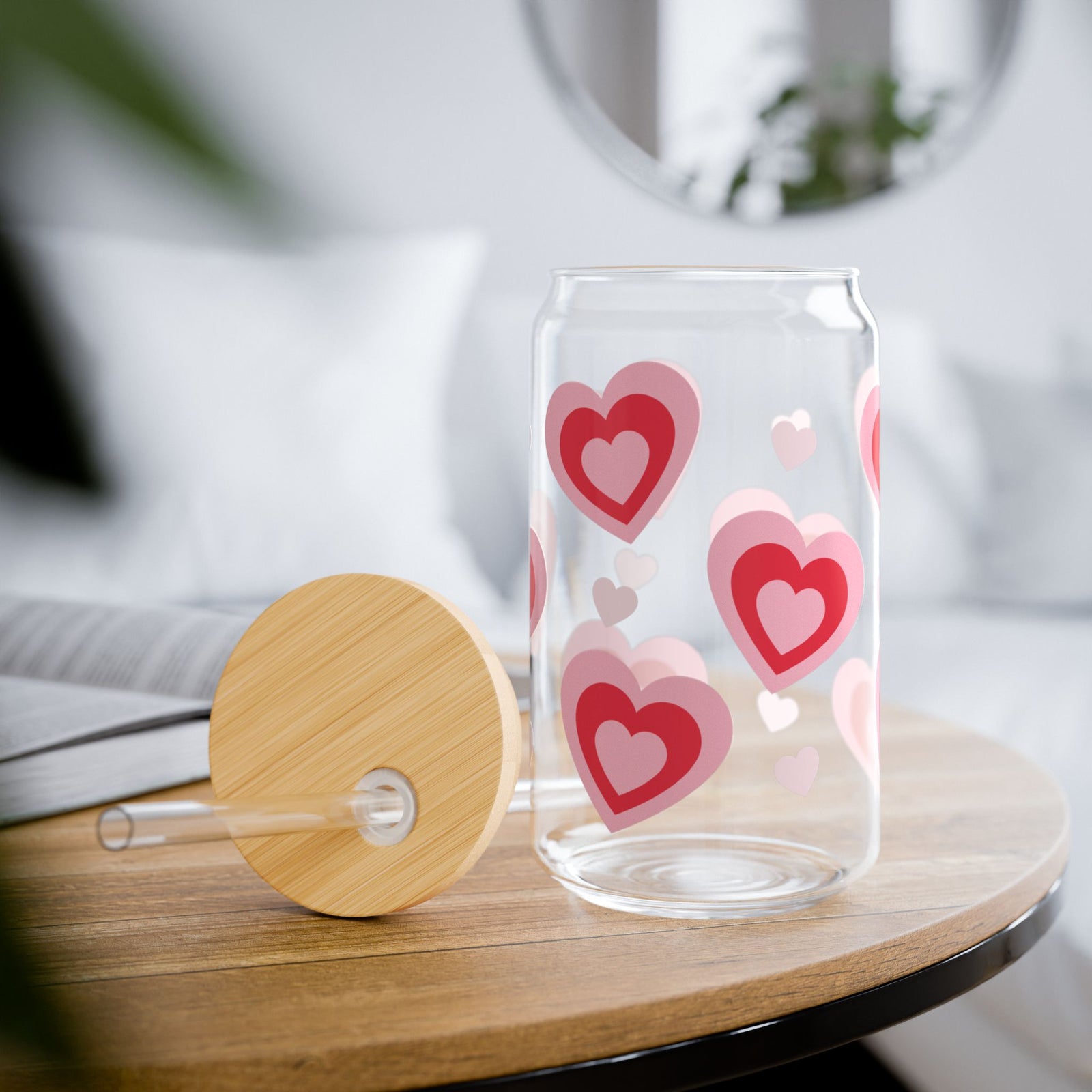Retro Hearts Tumbler Sipper Glass 16oz — Reusable Drink Jar with Lid & Straw - Sydney So Sweet