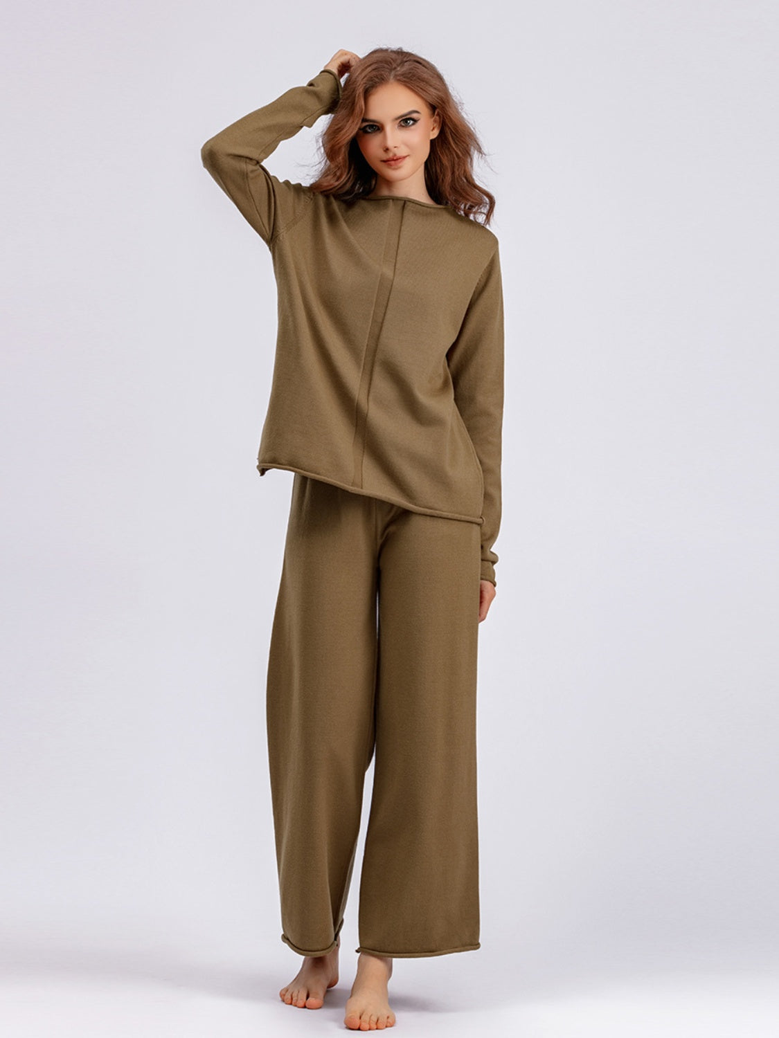 Basic Bae Rolled Round Neck Top and Pants Sweater Set - Sydney So Sweet