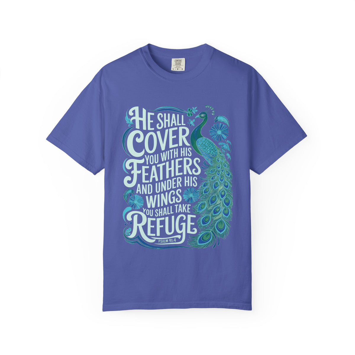 He Shall Cover Feathers T-Shirt Christian Scripture Peacock Refuge Tee