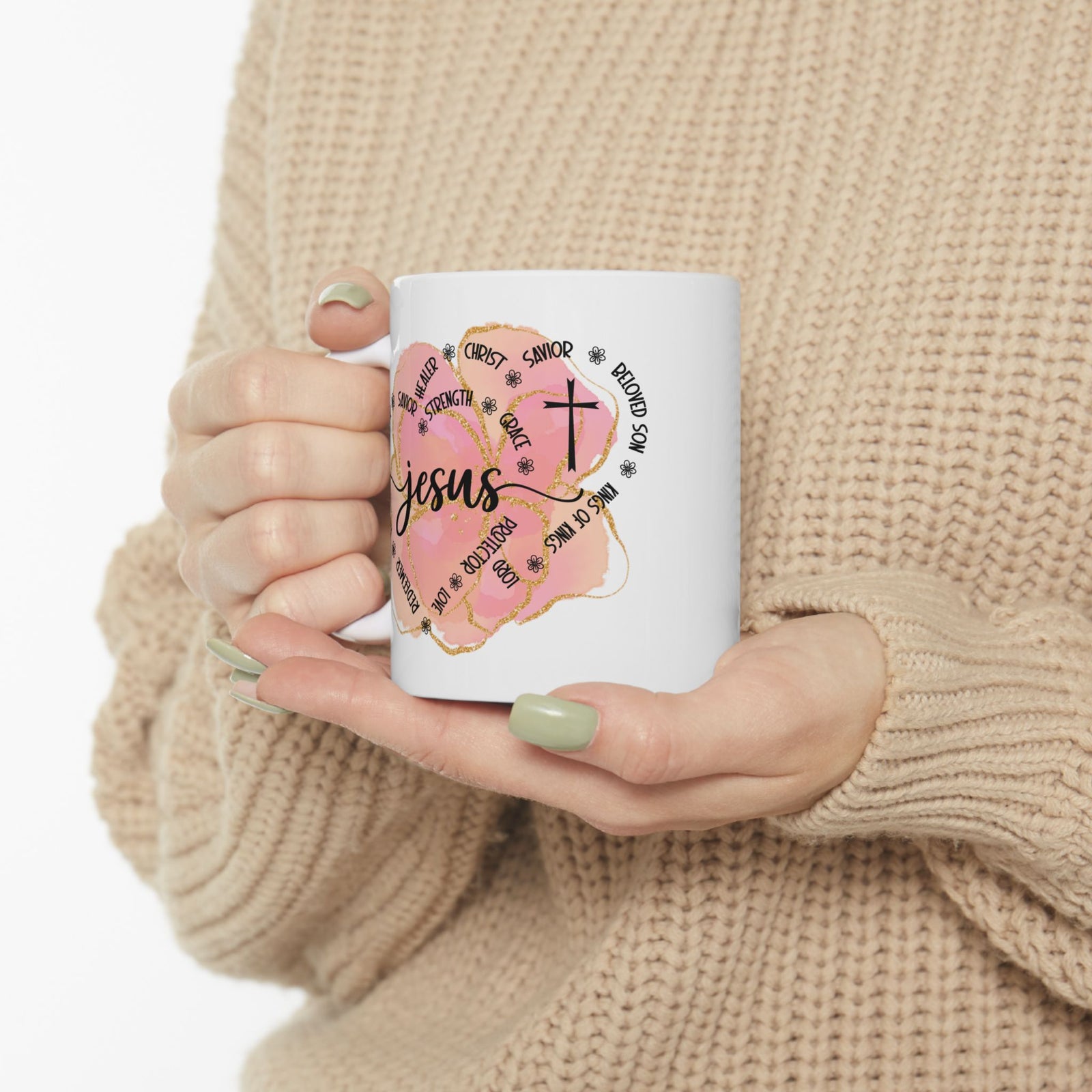 Jesus Strength & Grace Ceramic Mug — Pink Watercolor Cross Inspirational Coffee Cup (11oz/15oz) - Sydney So Sweet