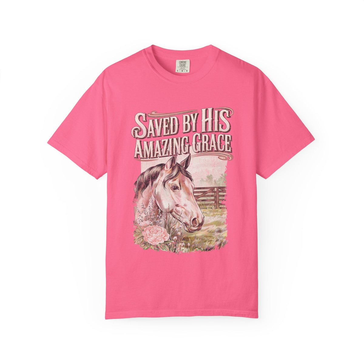 Saved By His Amazing Grace Horse Christian Tee Distressed Graphic T-Shirt