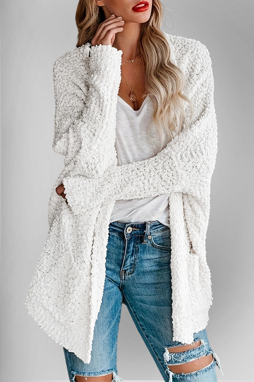 Double Take Pocketed Open Front Long Sleeve Cardigan Sweater - Sydney So Sweet