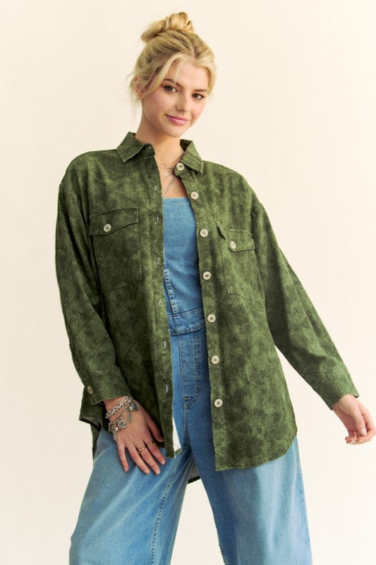 Davi & Dani Curved Hem Diamond Quilted Button Up Denim Shacket - Sydney So Sweet