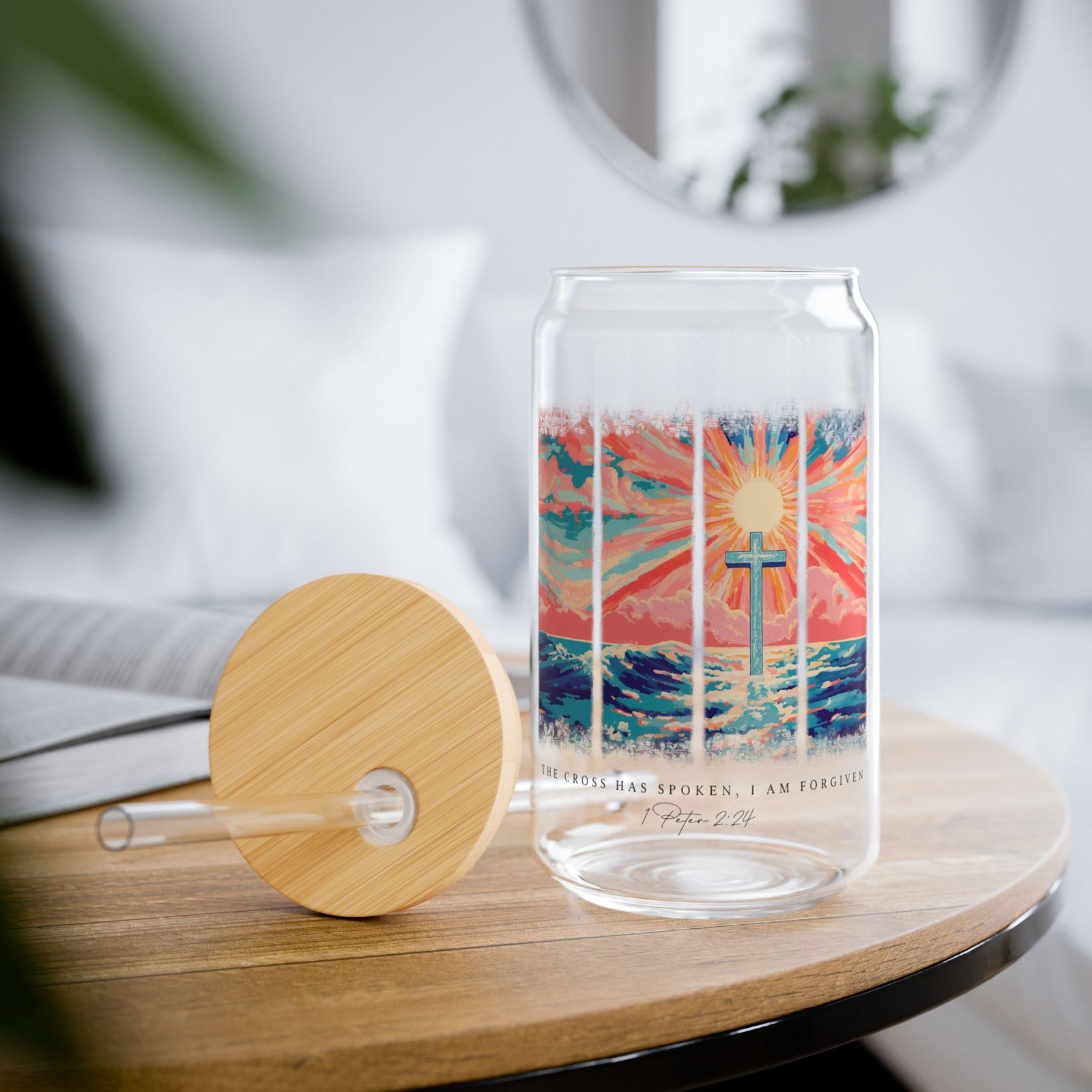 The Cross Has Spoken I am Forgiven Christian Sipper Glass 16oz Reusable Drink Jar with Lid & Straw