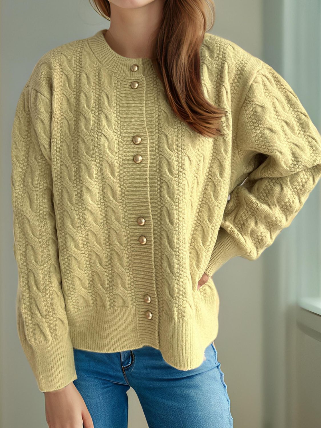 Cable-Knit Round Neck Long Sleeve Cardigan - Sydney So Sweet