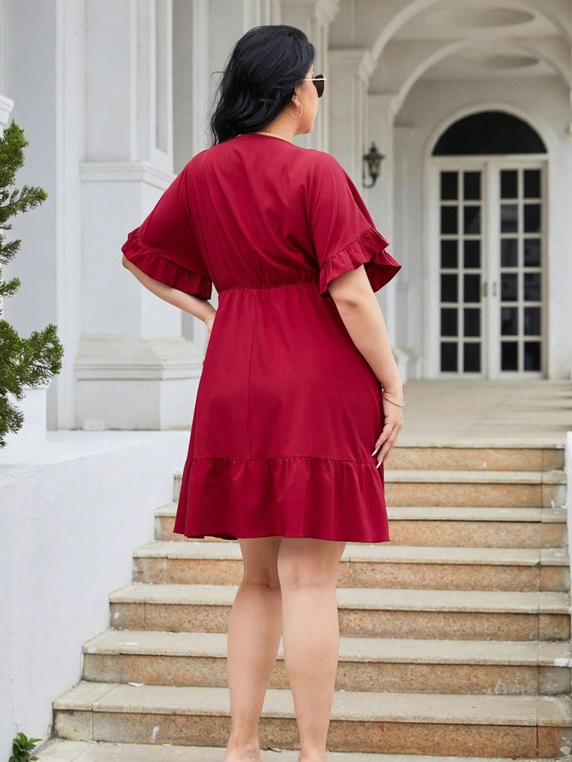 Plus Size Ruched Surplice Flounce Sleeve Mini Dress - Sydney So Sweet