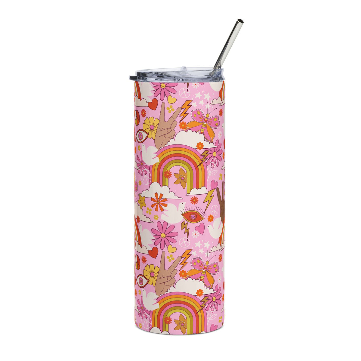 Peace Retro Floral Rainbow 20oz Floral Stainless Tumbler Insulated Travel Cup - Sydney So Sweet