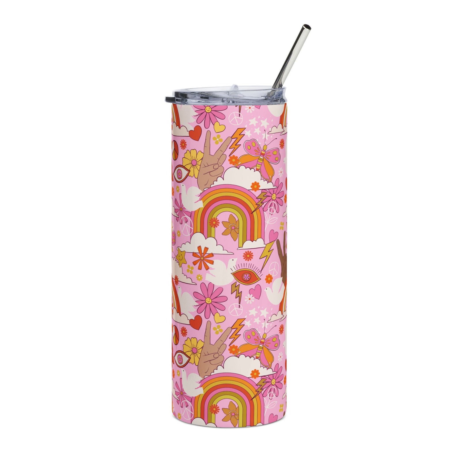 Peace Retro Floral Rainbow 20oz Floral Stainless Tumbler Insulated Travel Cup - Sydney So Sweet
