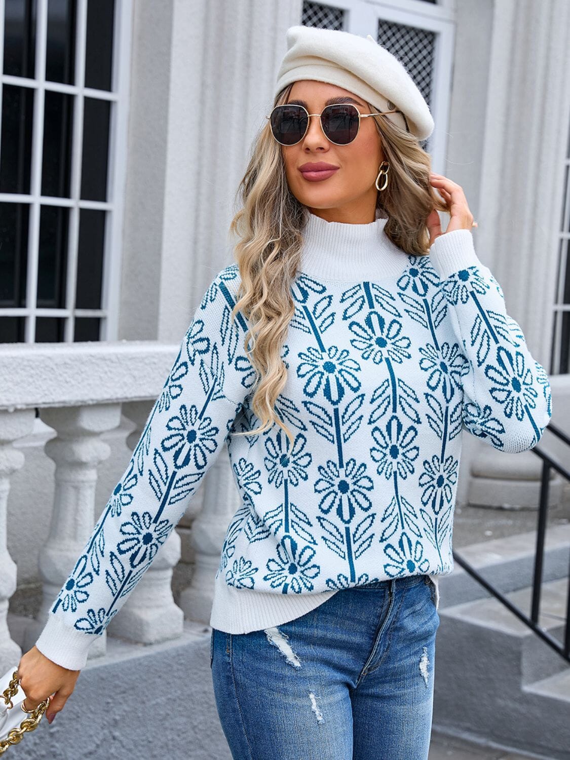 Flower Turtleneck Long Sleeve Sweater - Sydney So Sweet