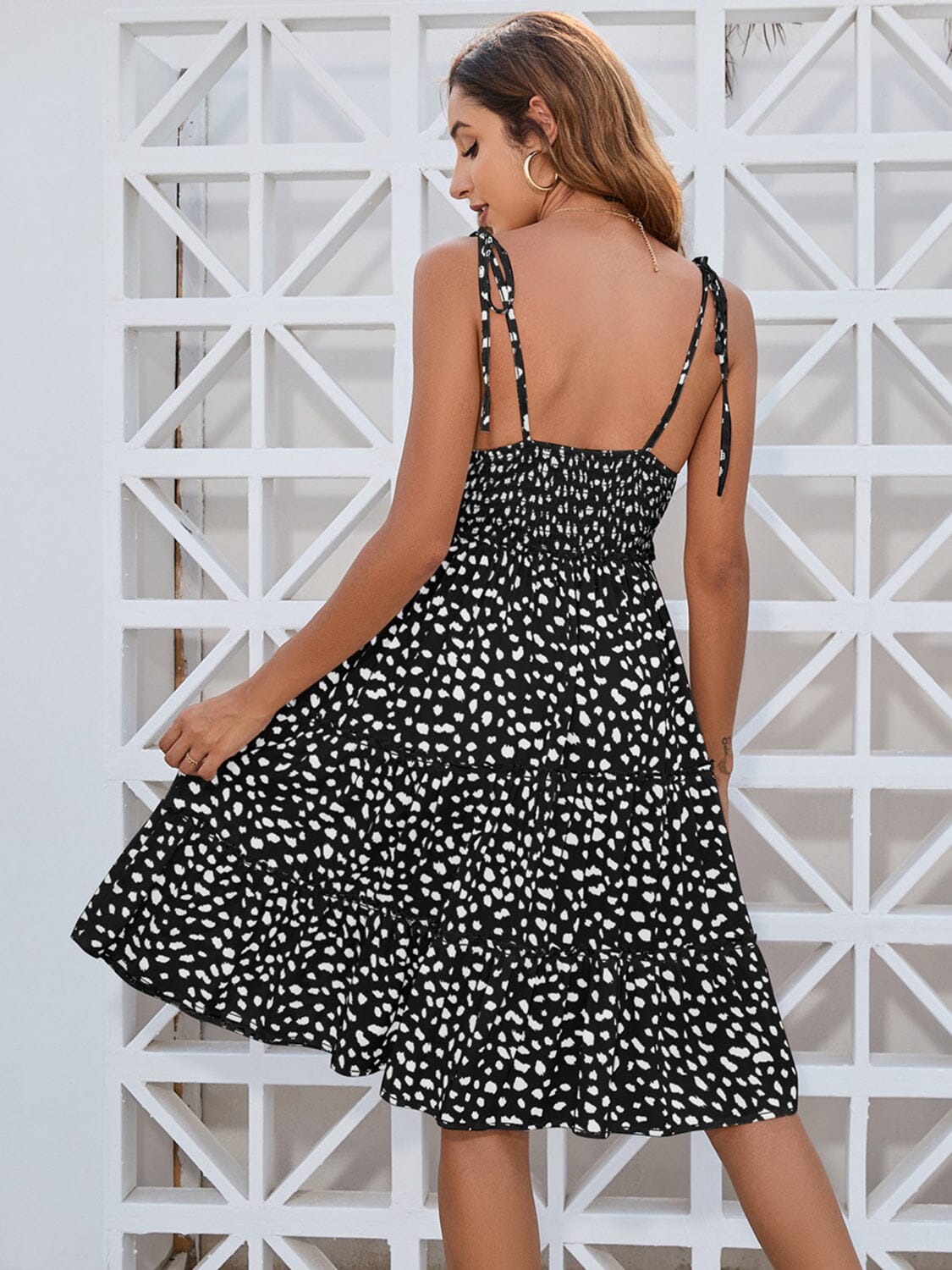 Printed Square Neck Tie Shoulder Dress - Sydney So Sweet