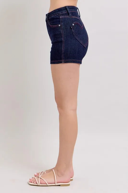 Judy Blue High Waist Heart Shaped Pkts & Red Contrast Thread Denim Shorts - Sydney So Sweet