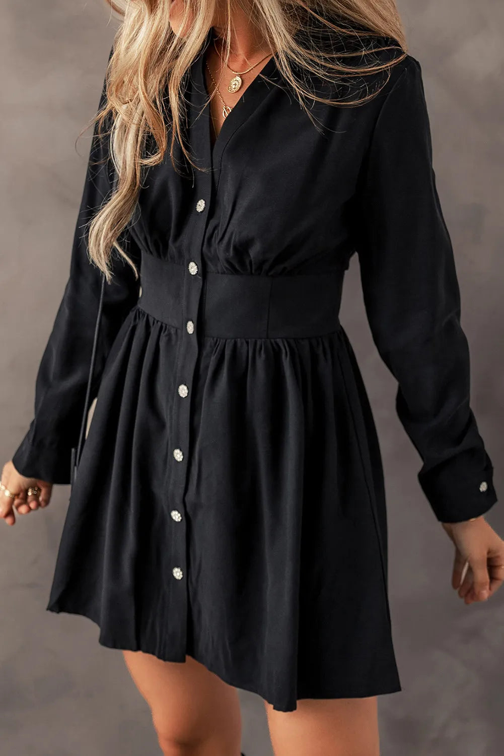 Ruched Button Up Long Sleeve Dress - Sydney So Sweet