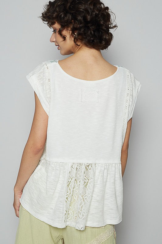 POL Embroidered Detail Boat Neck Cap Sleeve Lace Blouse - Sydney So Sweet