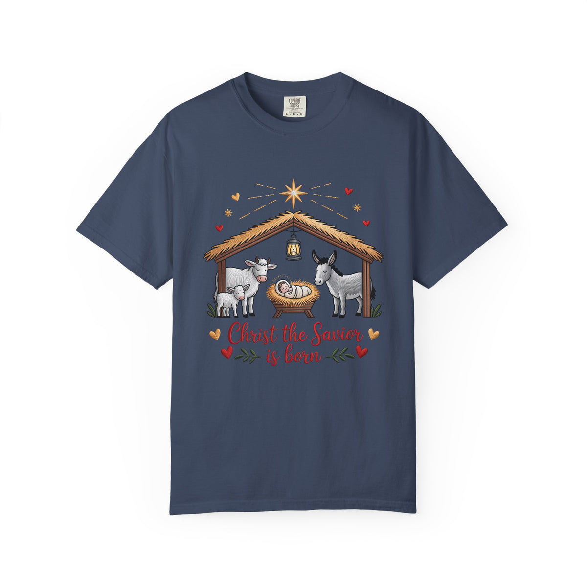 Christ the Savior is Born Faux Embroidery T-Shirt Nativity Scene Graphic Tee