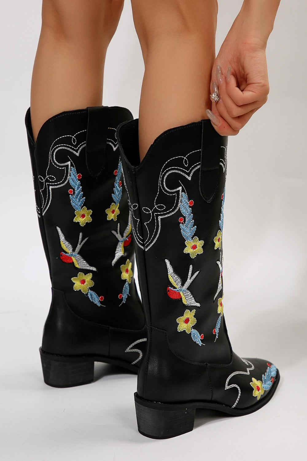 Embroidered Point Toe Block Heel Boots - Sydney So Sweet