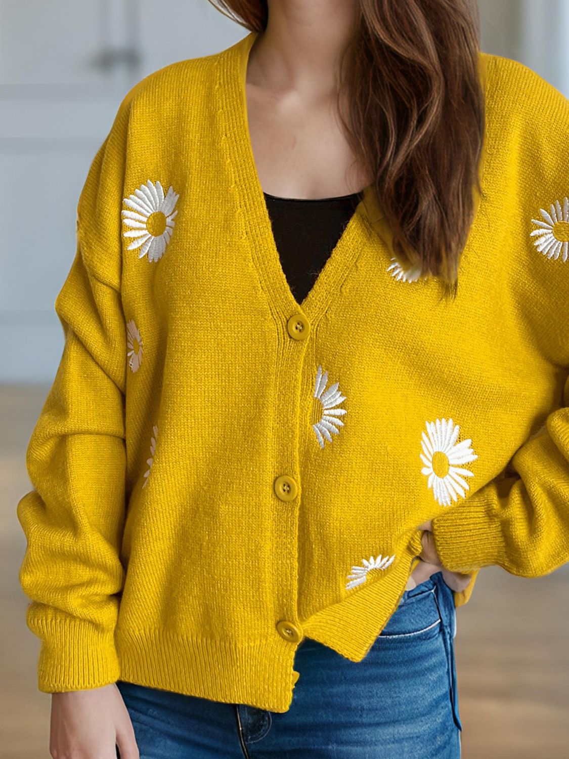 Daisy Button Up V-Neck Cardigan - Sydney So Sweet