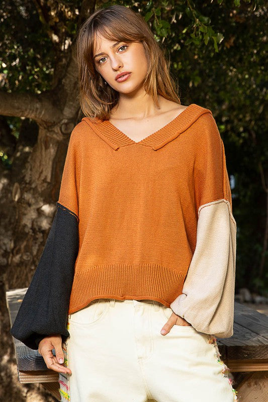 POL Exposed Seam Roll Edge Color Block V Neck Sweater - Sydney So Sweet