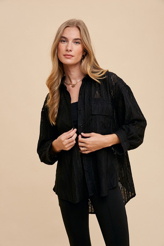 Annie Wear Openwork Button Down Drop Shoulder Shirt - Sydney So Sweet