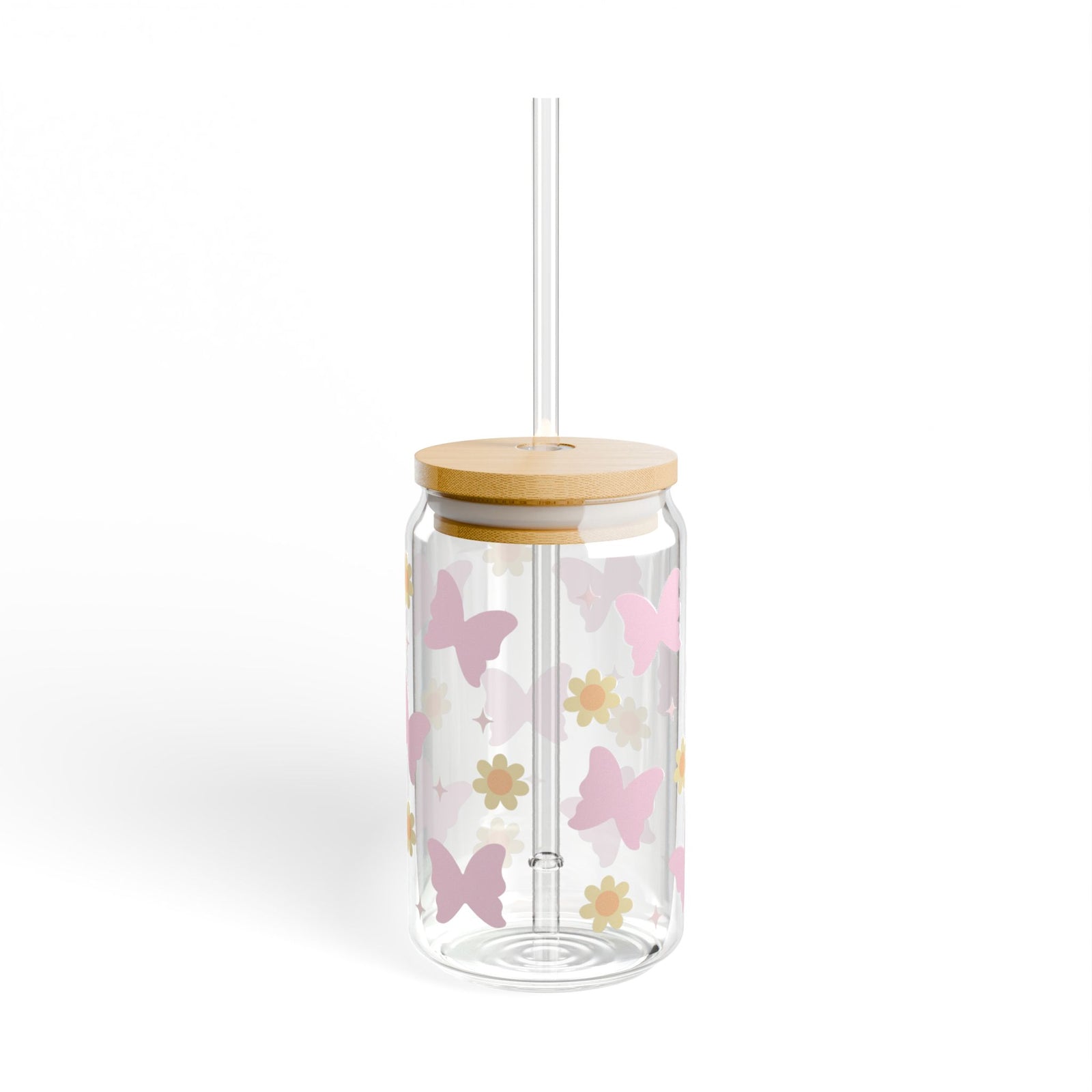 Boho Butterfly Daisy Tumbler Sipper Glass 16oz — Reusable Drink Jar with Lid & Straw