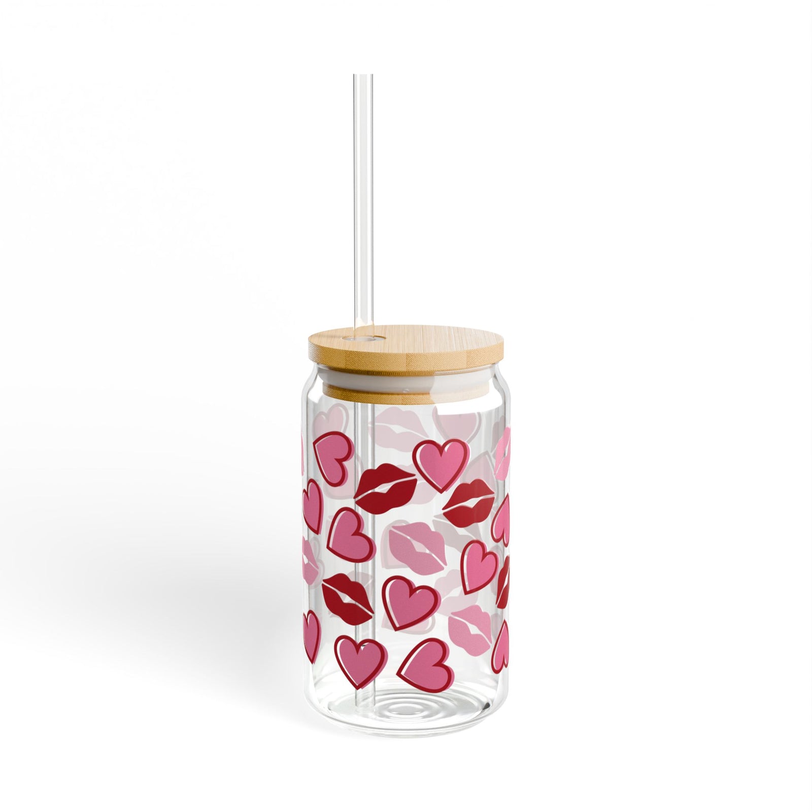Kisses Lips & Hearts Tumbler Sipper Glass 16oz — Reusable Drink Jar with Lid & Straw