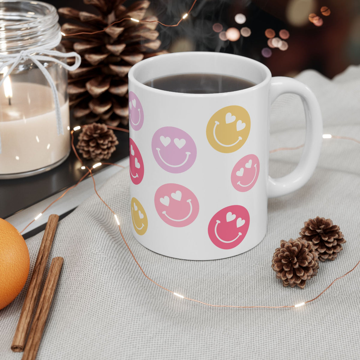 Heart Eyes Smiley Face — Cute Pastel Coffee Cup (11oz, 15oz)