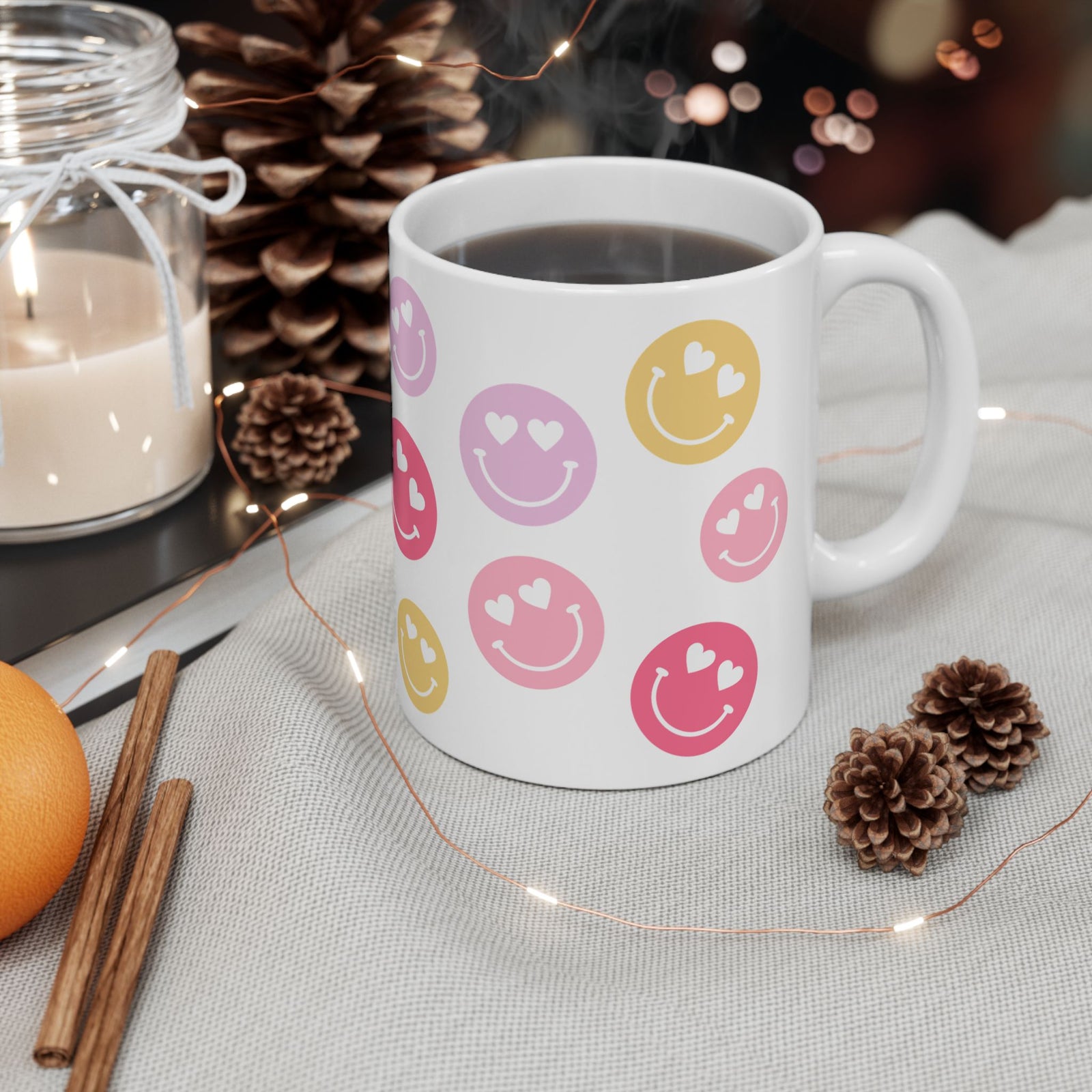 Heart Eyes Smiley Face — Cute Pastel Coffee Cup (11oz, 15oz)