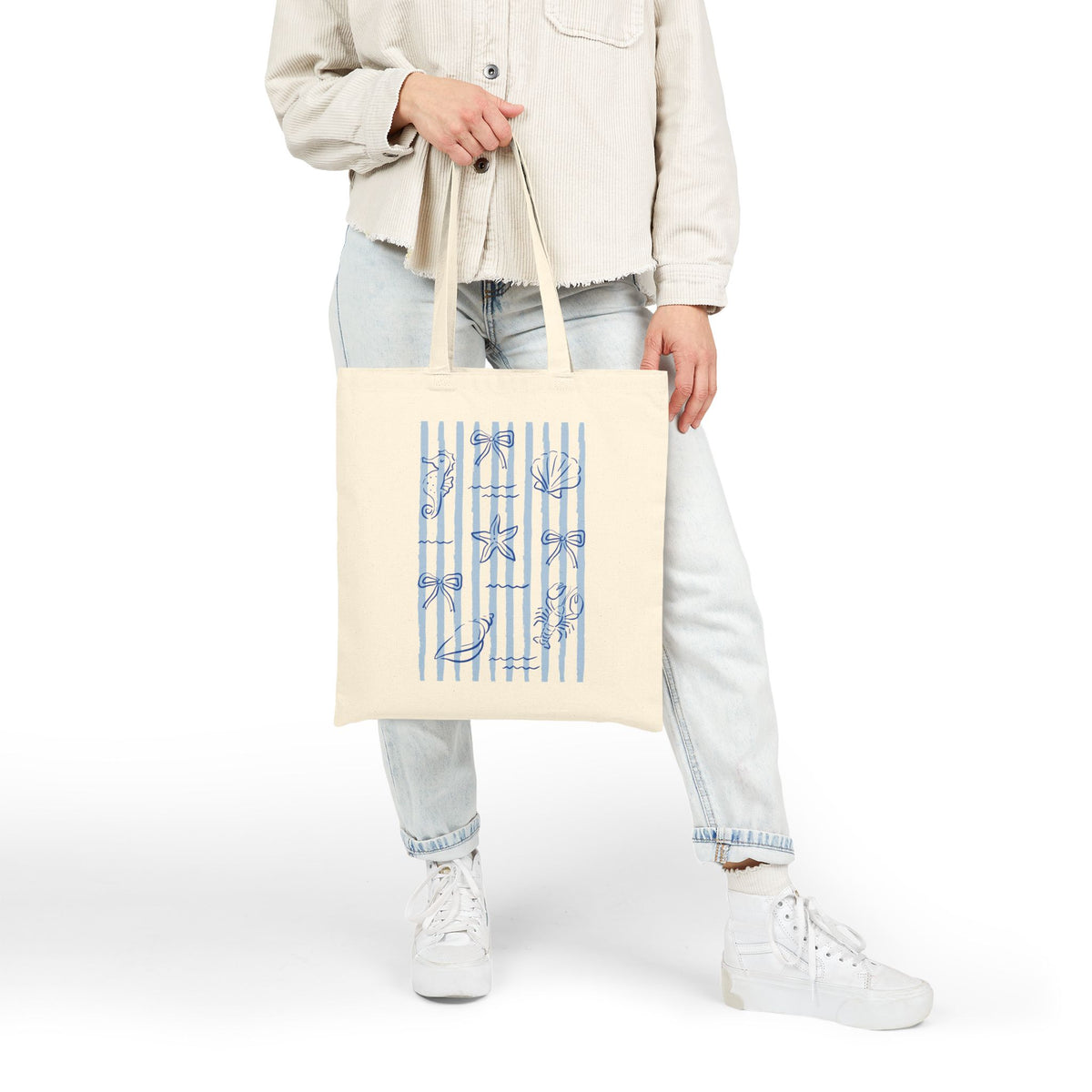 Coastal Blue Seashell Stripe Cotton Canvas Beach or Market Tote Bag