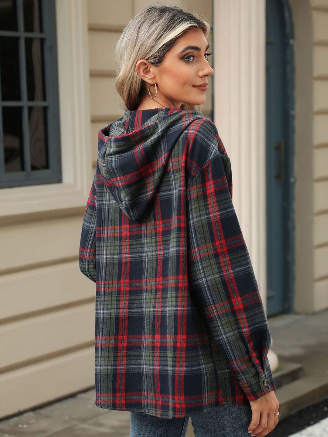 Drawstring Plaid Hooded Long Sleeve Top - Sydney So Sweet