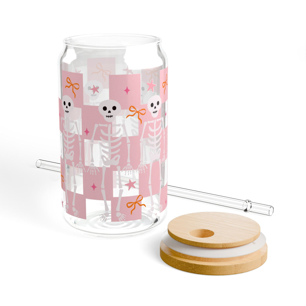 Pink Checker Skeleton & Bow Halloween Sipper Glass 16oz Reusable Drink Jar with Lid & Straw