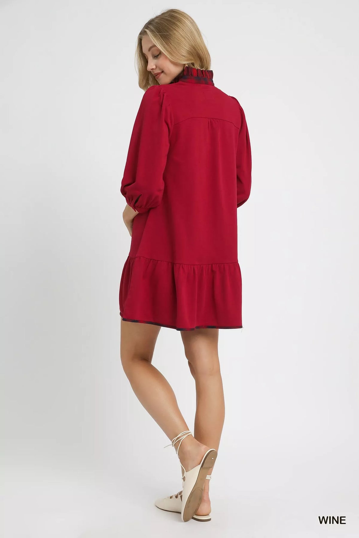 Umgee French Terry Ruffle Hem Dress with Plaid Trim - Sydney So Sweet