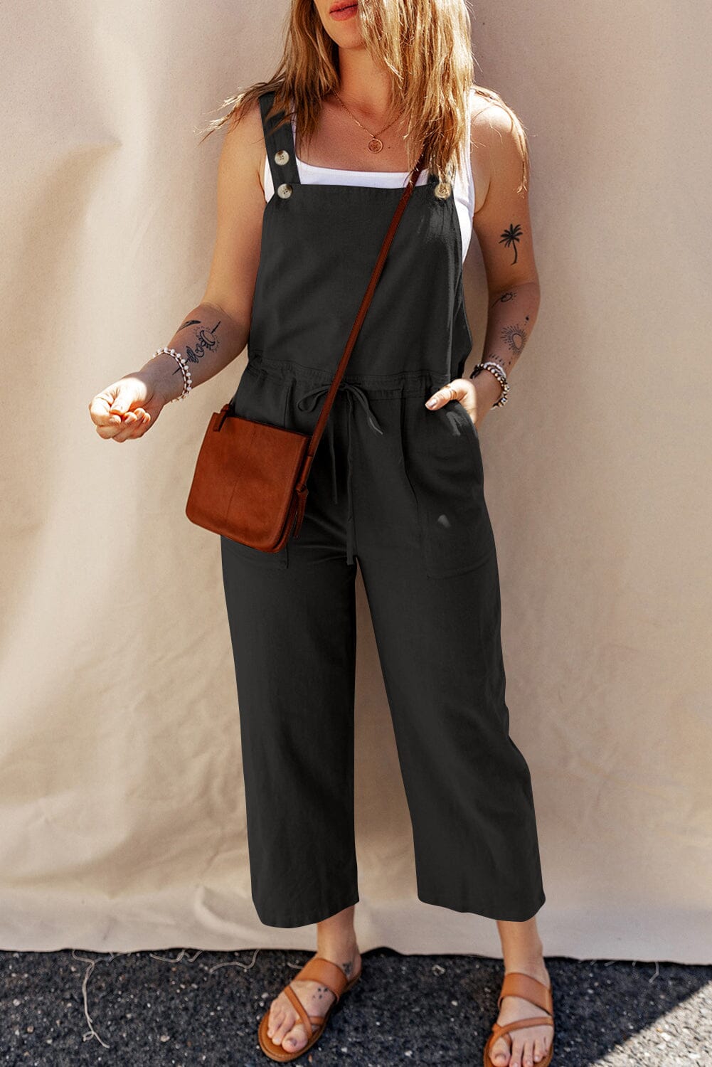 Drawstring Wide Strap Overalls with Pockets - Sydney So Sweet