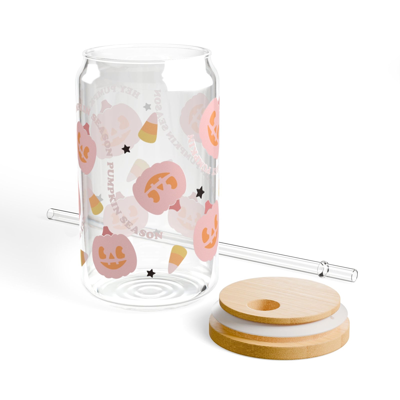 Hey Pumpkin Season Halloween Sipper Glass 16oz Reusable Drink Jar with Lid & Straw