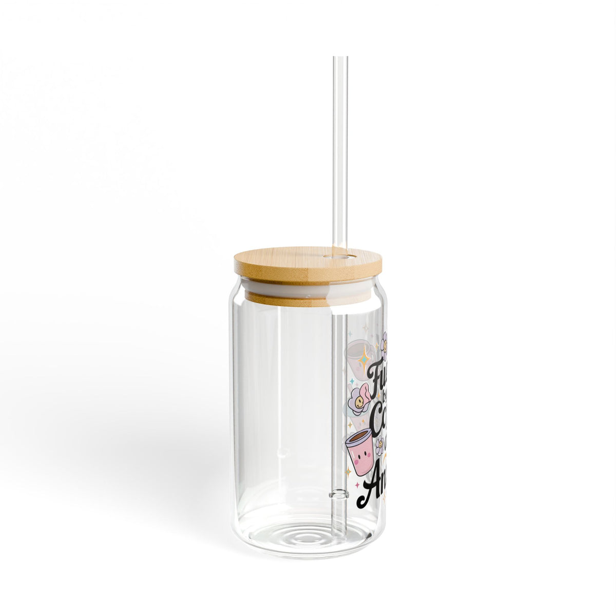 Fueled By Iced Coffee & Anxiety Kawaii Sipper Glass 16oz Reusable Drink Jar with Lid & Straw