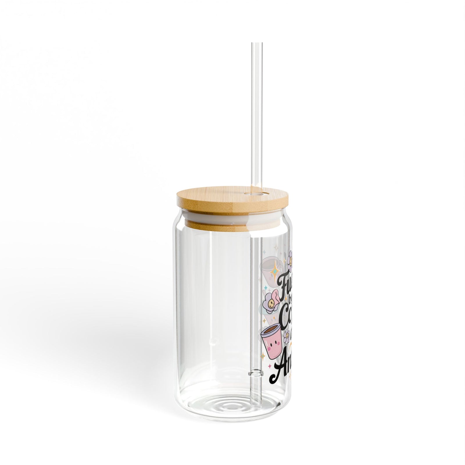 Fueled By Iced Coffee & Anxiety Kawaii Sipper Glass 16oz Reusable Drink Jar with Lid & Straw