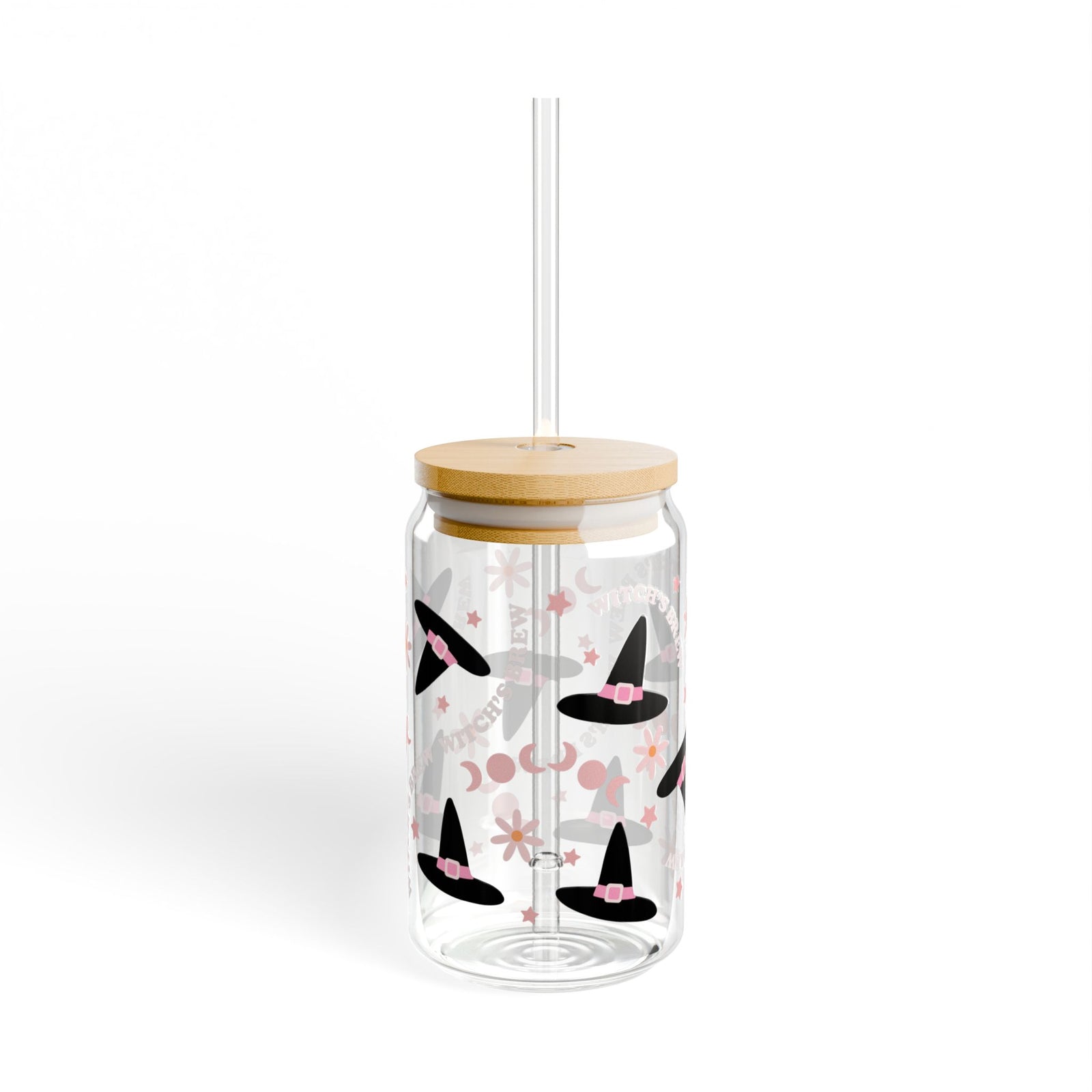 Witch's Brew & Hats Halloween Sipper Glass 16oz Reusable Drink Jar with Lid & Straw